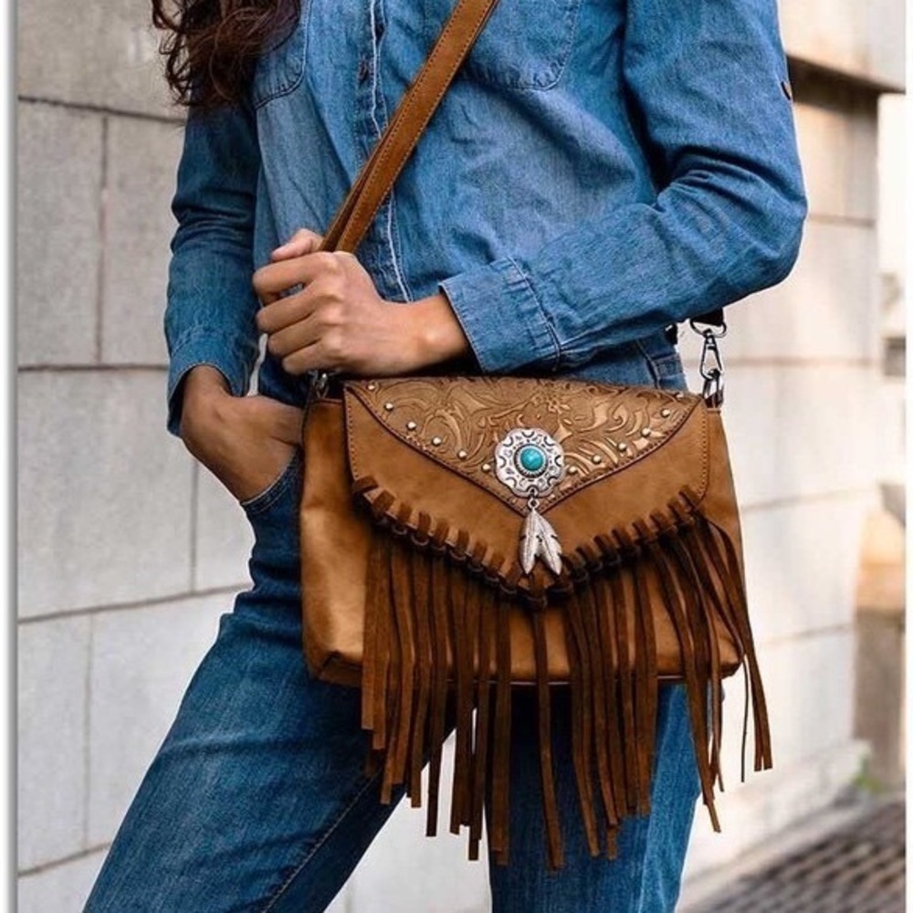 Lavawa Western Fringe Crossbody Bag Brown Embossed Turquoise Concho Feather